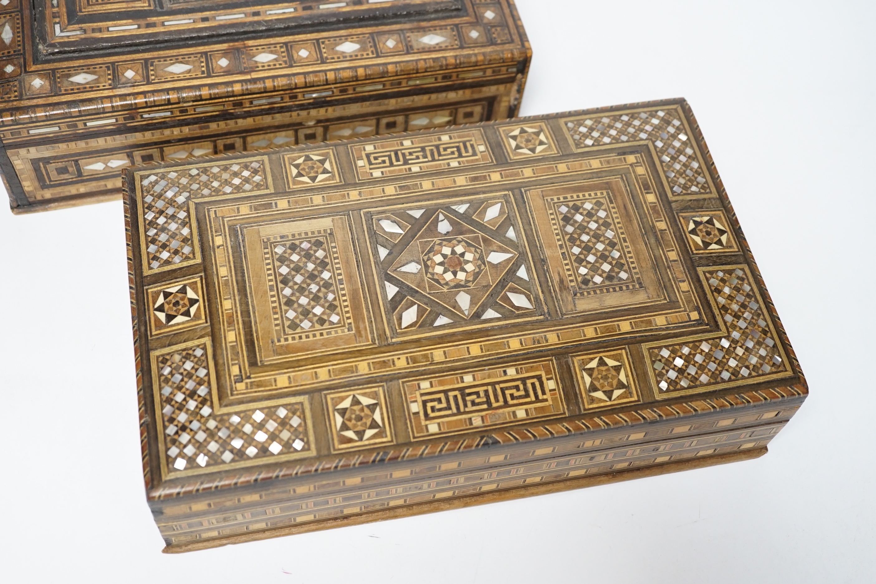 Two Damascus ware mother-of-pearl inlaid boxes, largest 29cm